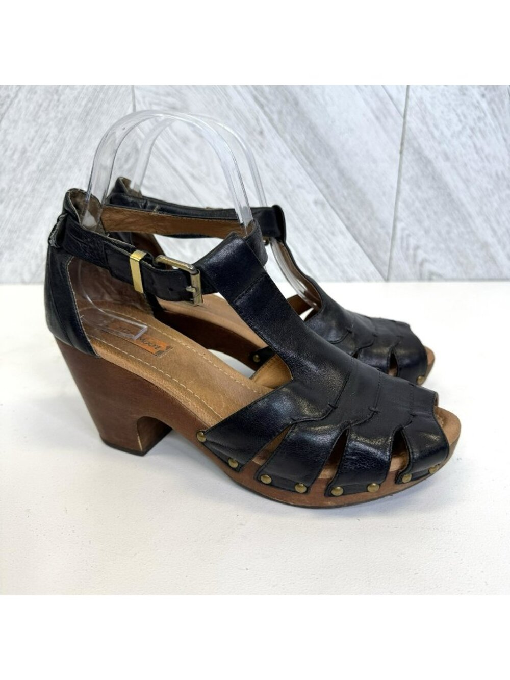 Miz Mooz Hadley Black Leather Caged Studded Wood Block Heel Clogs Shoes Size 7.5